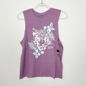 Reef Surf Purple Big Cat Muscle Graphic Tank Top Womens Small